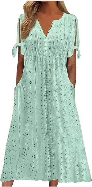Eyelet Dress for Women 2025 Trendy Short Sleeve Eyelet Maxi Long Dress Casual Summer Beach Vacation Sundress