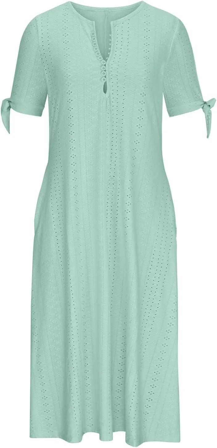 Eyelet Dress for Women 2025 Trendy Short Sleeve Eyelet Maxi Long Dress Casual Summer Beach Vacation Sundress