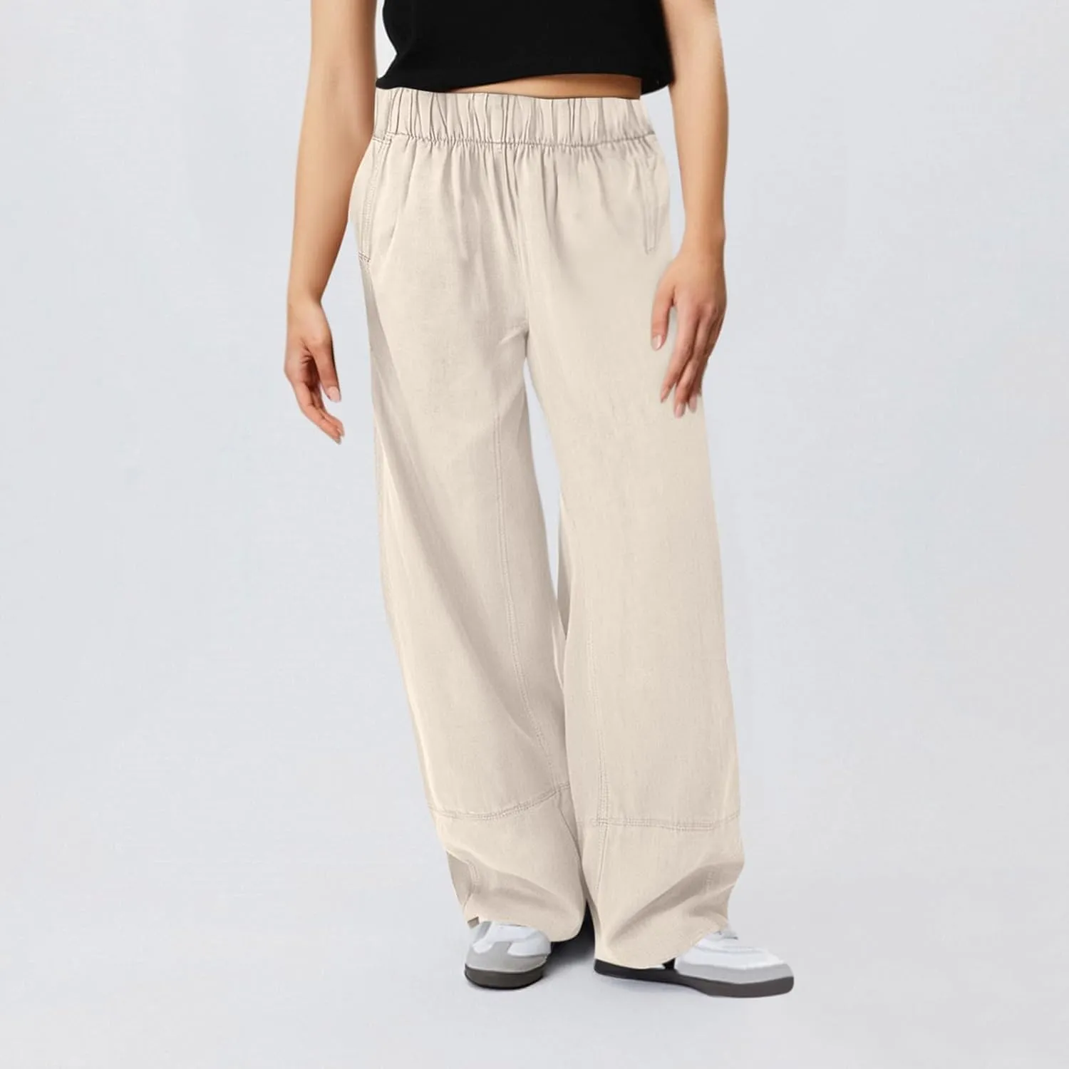 fanmpghleoo Wide Leg Linen Pants for Women Elastic High Waisted Palazzo Pants Summer Beach Travel Linen Trousers with Pockets