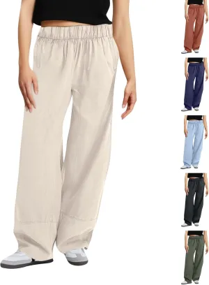 fanmpghleoo Wide Leg Linen Pants for Women Elastic High Waisted Palazzo Pants Summer Beach Travel Linen Trousers with Pockets