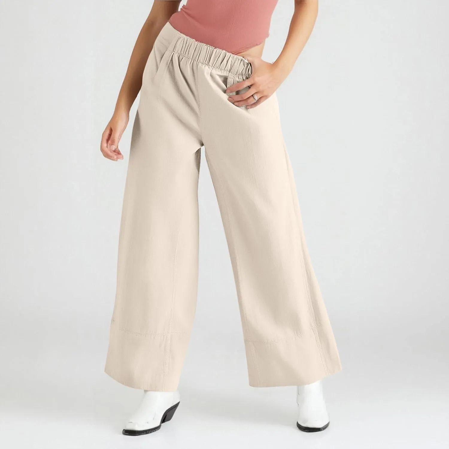 fanmpghleoo Wide Leg Linen Pants for Women Elastic High Waisted Palazzo Pants Summer Beach Travel Linen Trousers with Pockets