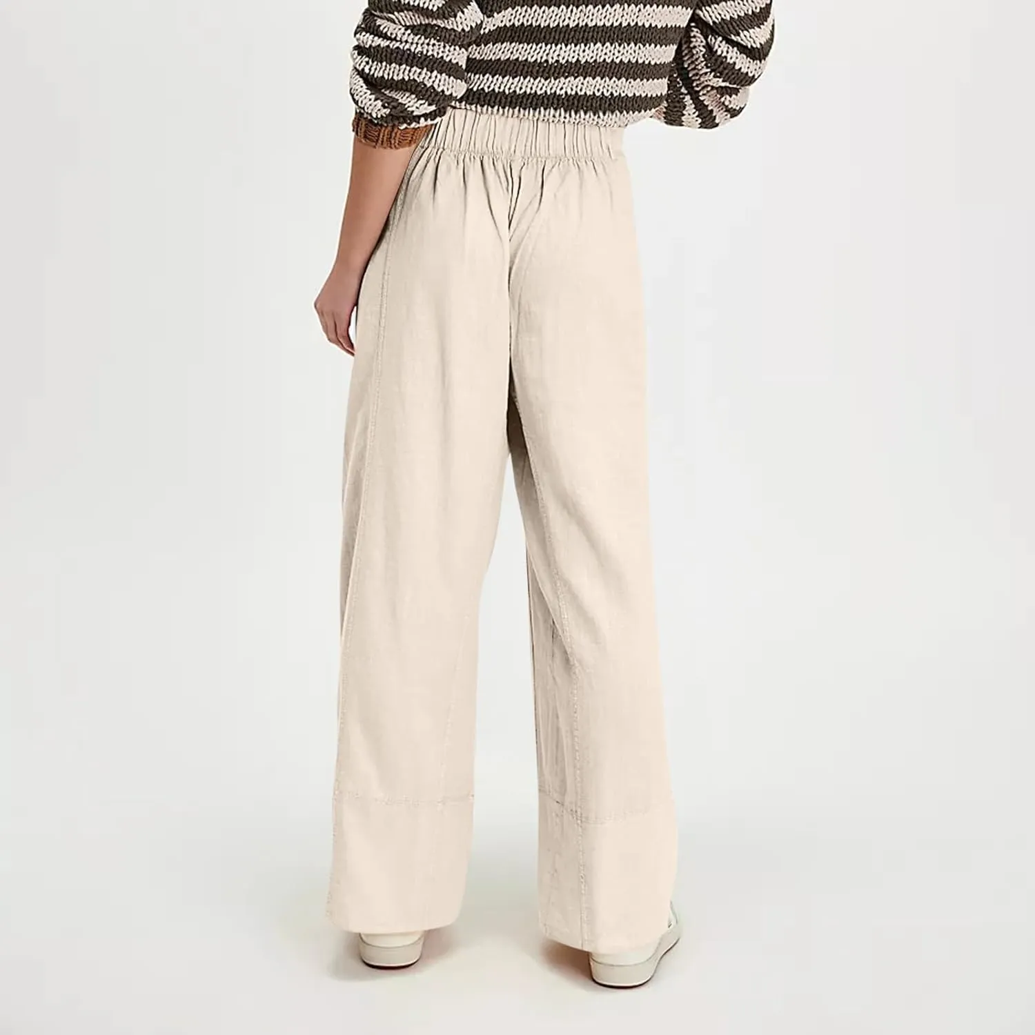 fanmpghleoo Wide Leg Linen Pants for Women Elastic High Waisted Palazzo Pants Summer Beach Travel Linen Trousers with Pockets