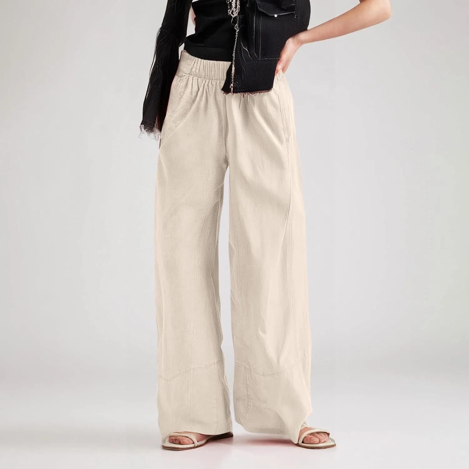 fanmpghleoo Wide Leg Linen Pants for Women Elastic High Waisted Palazzo Pants Summer Beach Travel Linen Trousers with Pockets