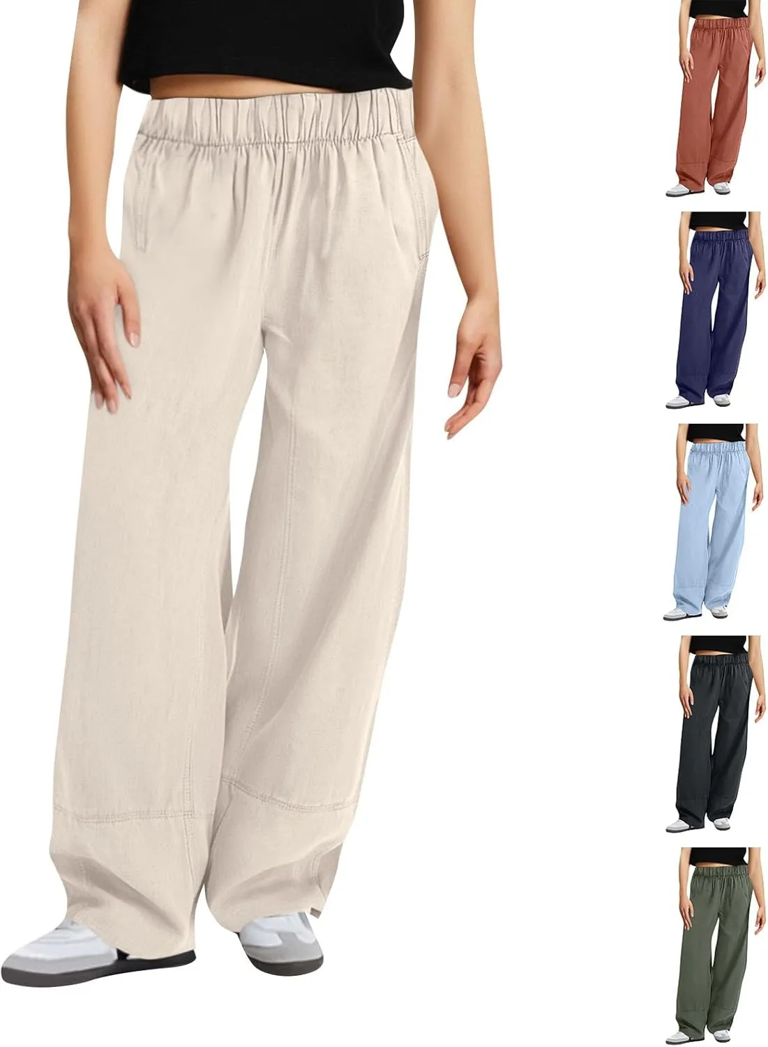 fanmpghleoo Wide Leg Linen Pants for Women Elastic High Waisted Palazzo Pants Summer Beach Travel Linen Trousers with Pockets