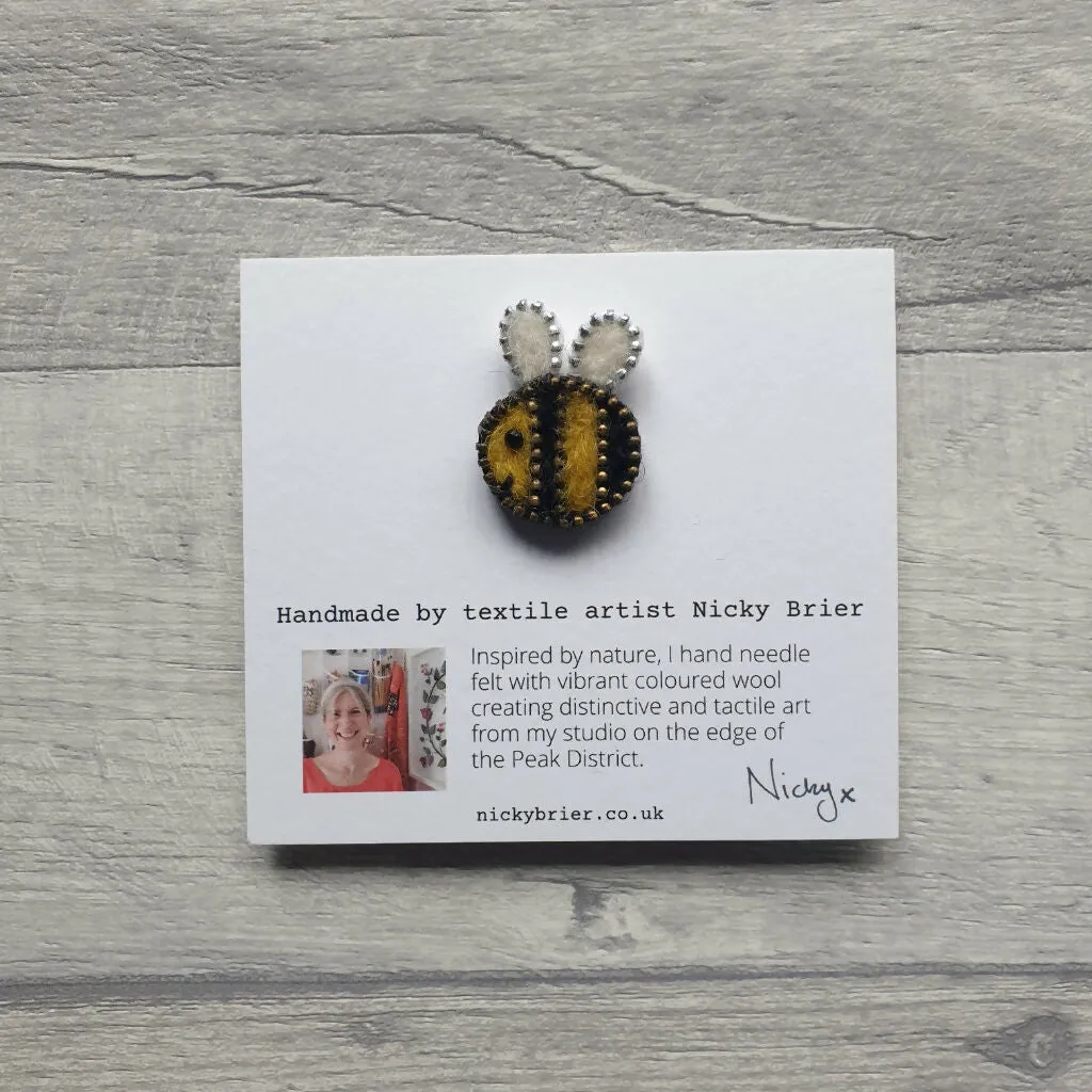 Hand Felted Bee Pin Badge With Zip Edge Detail