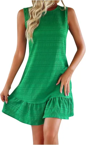 hlysgo A Line Dresses for Women 2025 Summer Sleeveless Crew Neck Mini Dress Casual Loose Fit Ruffled Hem Flowy Sundress