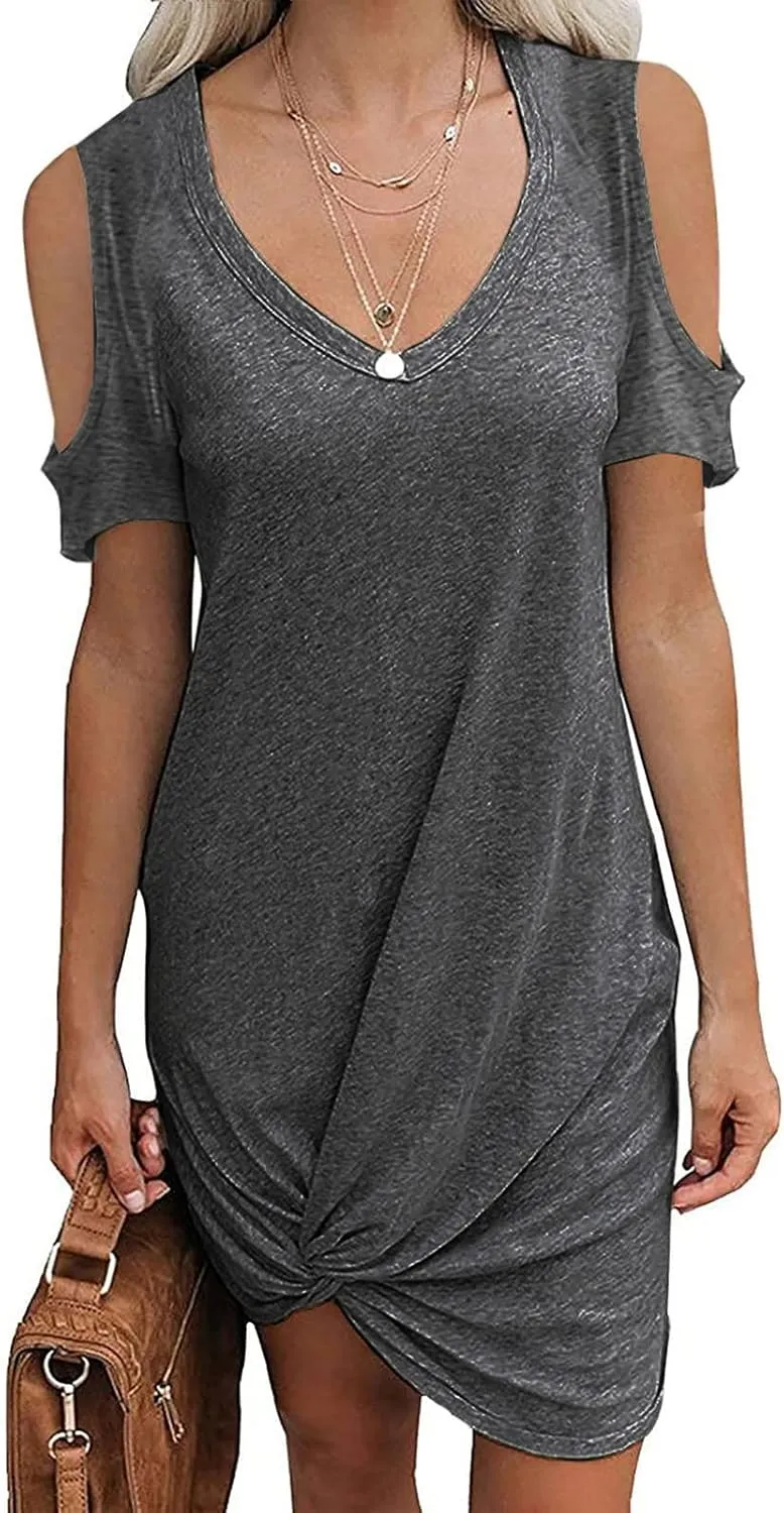 hlysgo Vacation Dress for Women Summer Cold Shoulder Short Sleeve V Neck Mini Dresses Casual Loose Twist Hem Going Out Dress