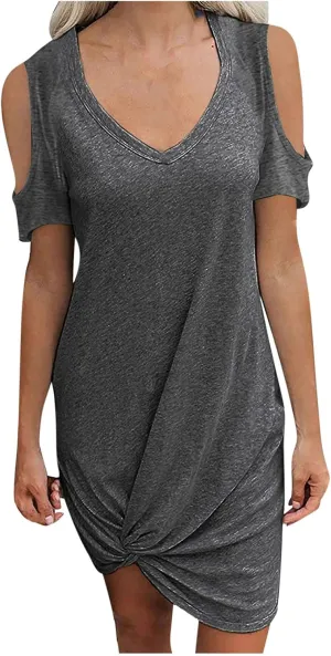 hlysgo Vacation Dress for Women Summer Cold Shoulder Short Sleeve V Neck Mini Dresses Casual Loose Twist Hem Going Out Dress