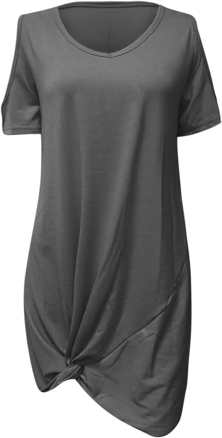 hlysgo Vacation Dress for Women Summer Cold Shoulder Short Sleeve V Neck Mini Dresses Casual Loose Twist Hem Going Out Dress
