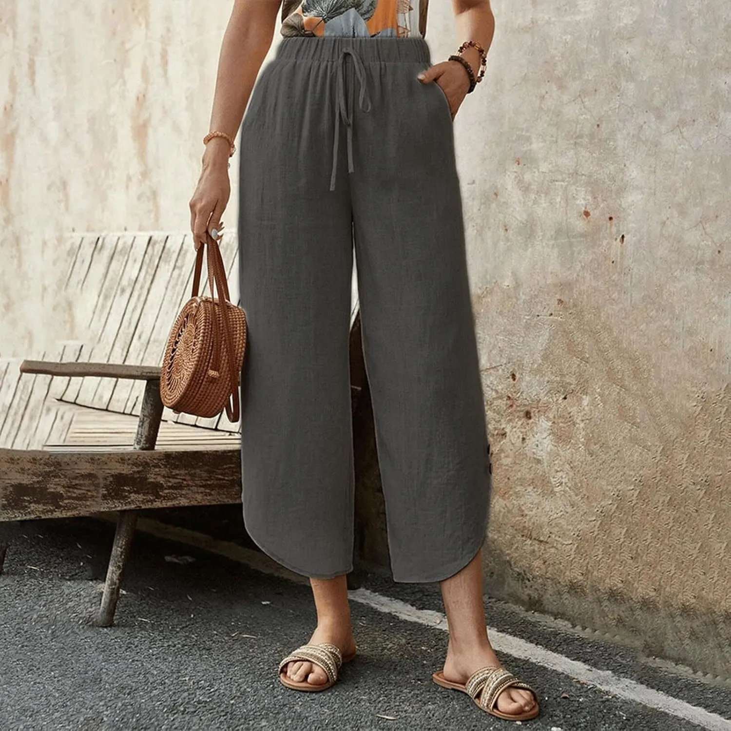 Linen Pants for Women Wide Leg Pants Summer Palazzo Flowy Beach Pants Elastic Waist Drawstring Trousers with Pockets