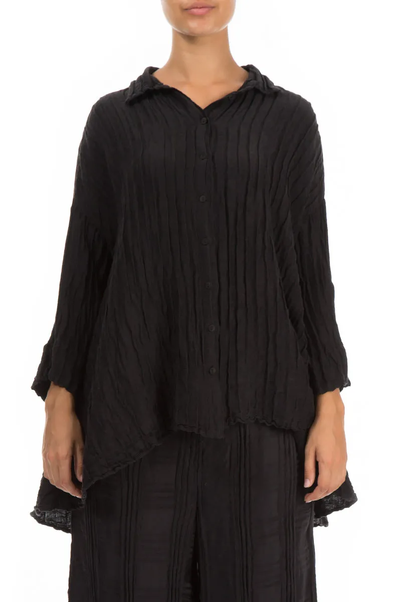 Loose Crinkled Black Silk Linen Shirt