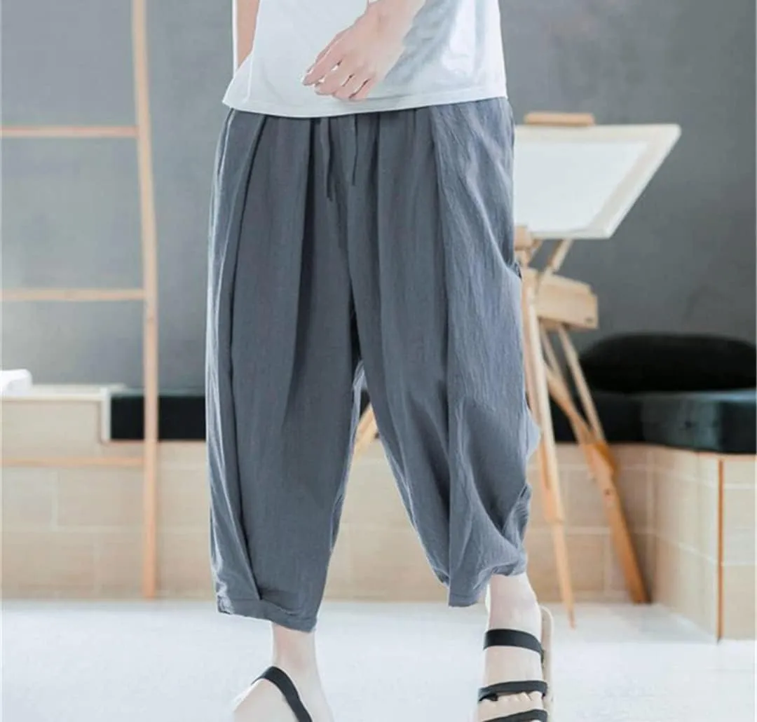 MenS Cotton Linen Trousers Casual Elastic Waist Wide Leg Pants Harem Jogging Pants Bloomers