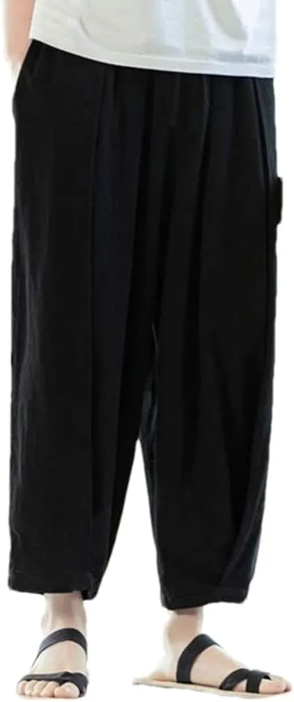 MenS Cotton Linen Trousers Casual Elastic Waist Wide Leg Pants Harem Jogging Pants Bloomers
