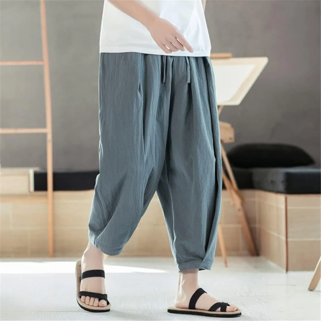 MenS Cotton Linen Trousers Casual Elastic Waist Wide Leg Pants Harem Jogging Pants Bloomers