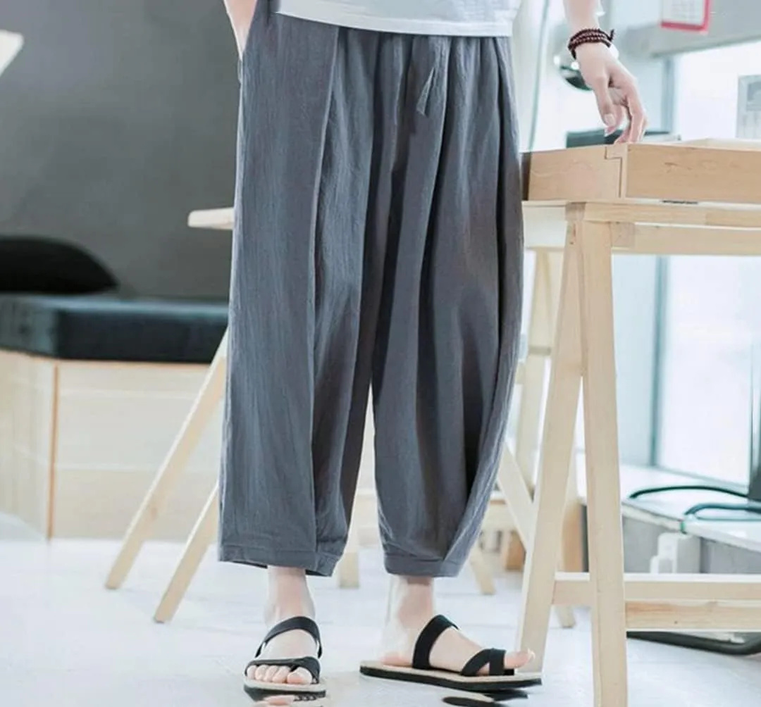 MenS Cotton Linen Trousers Casual Elastic Waist Wide Leg Pants Harem Jogging Pants Bloomers