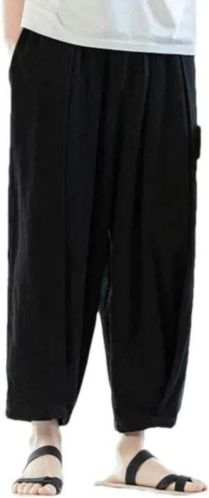 MenS Cotton Linen Trousers Casual Elastic Waist Wide Leg Pants Harem Jogging Pants Bloomers