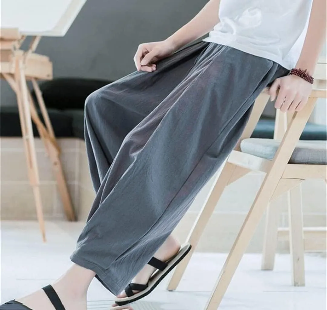 MenS Cotton Linen Trousers Casual Elastic Waist Wide Leg Pants Harem Jogging Pants Bloomers
