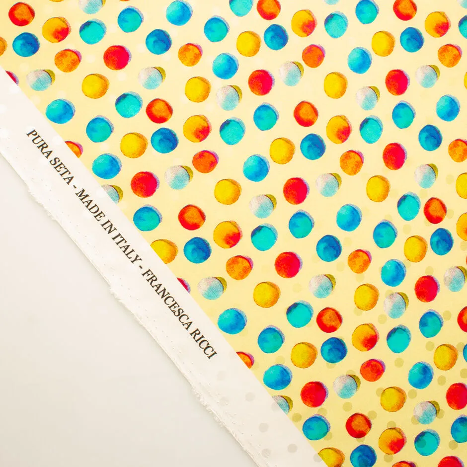 Multi-Coloured Bubble Printed Soft Yellow Silk Jacquard