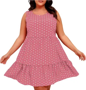 Peplum Dresses for Women Summer Sleeveless Crew Neck Mini Sundress Vintage Polka Dots Print A-Line Flowy Beach Dress