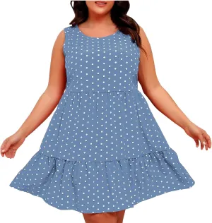 Peplum Dresses for Women Summer Sleeveless Crew Neck Mini Sundress Vintage Polka Dots Print A-Line Flowy Beach Dress