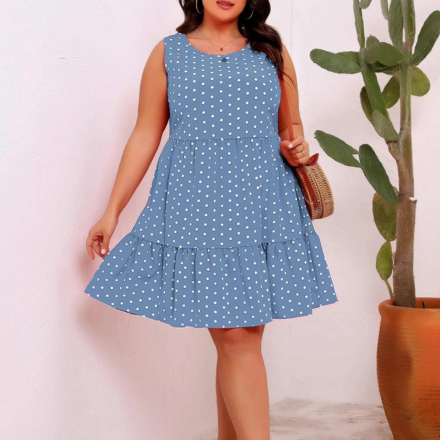 Peplum Dresses for Women Summer Sleeveless Crew Neck Mini Sundress Vintage Polka Dots Print A-Line Flowy Beach Dress