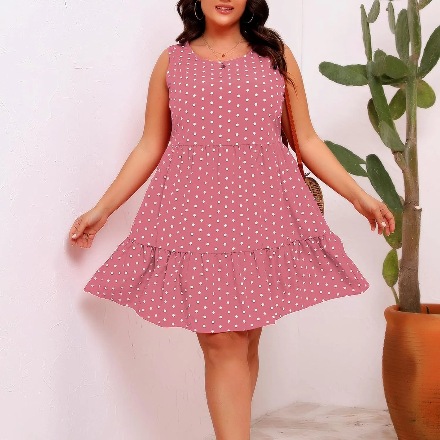 Peplum Dresses for Women Summer Sleeveless Crew Neck Mini Sundress Vintage Polka Dots Print A-Line Flowy Beach Dress
