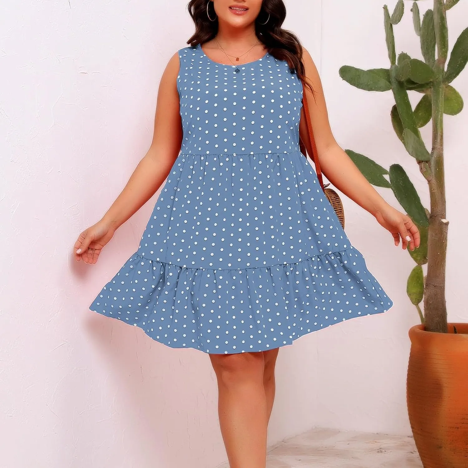Peplum Dresses for Women Summer Sleeveless Crew Neck Mini Sundress Vintage Polka Dots Print A-Line Flowy Beach Dress