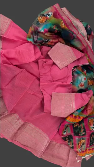 Pink Pure Mangalagiri Silk Cotton Lehenga hand painted kalamkari blouse with Dupatta