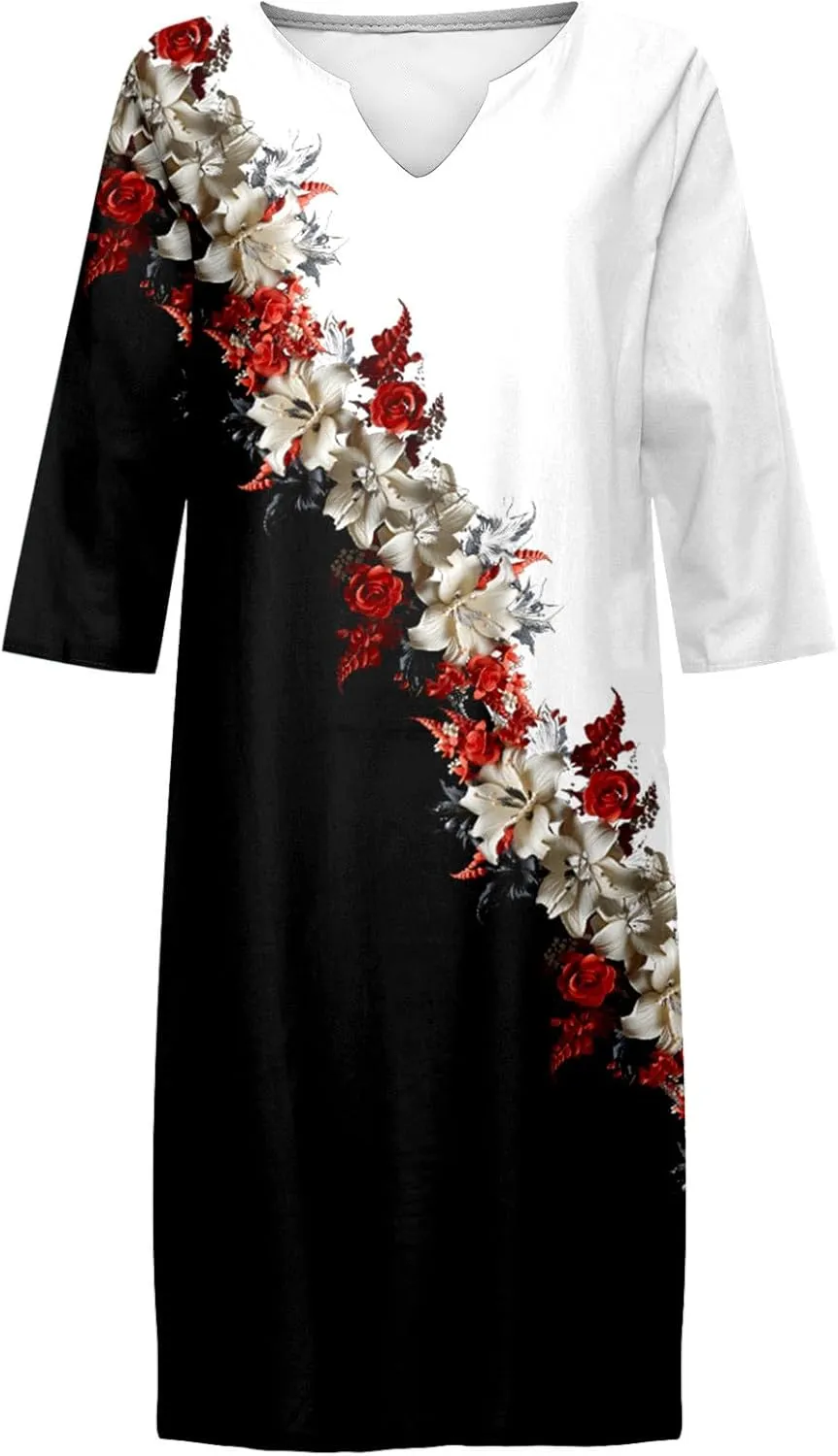 PTOLOCIF Linen Dresses for Women 2025 Trendy Floral Print Boho Midi Dress Half Sleeve V Neck T Shirt Dresses Vacation Outfits
