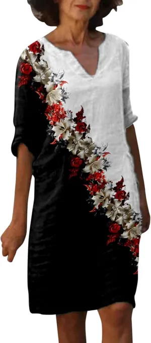 PTOLOCIF Linen Dresses for Women 2025 Trendy Floral Print Boho Midi Dress Half Sleeve V Neck T Shirt Dresses Vacation Outfits