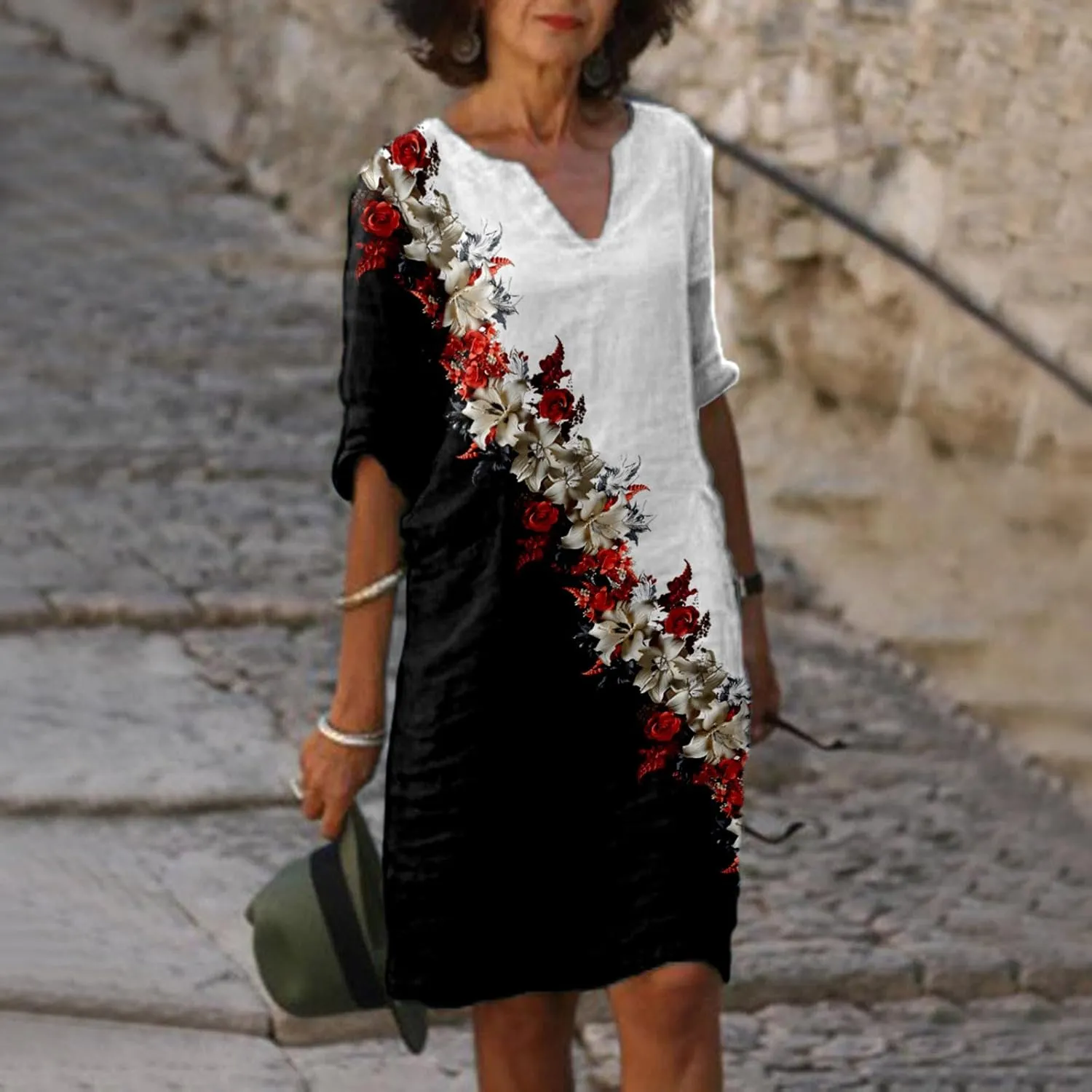 PTOLOCIF Linen Dresses for Women 2025 Trendy Floral Print Boho Midi Dress Half Sleeve V Neck T Shirt Dresses Vacation Outfits