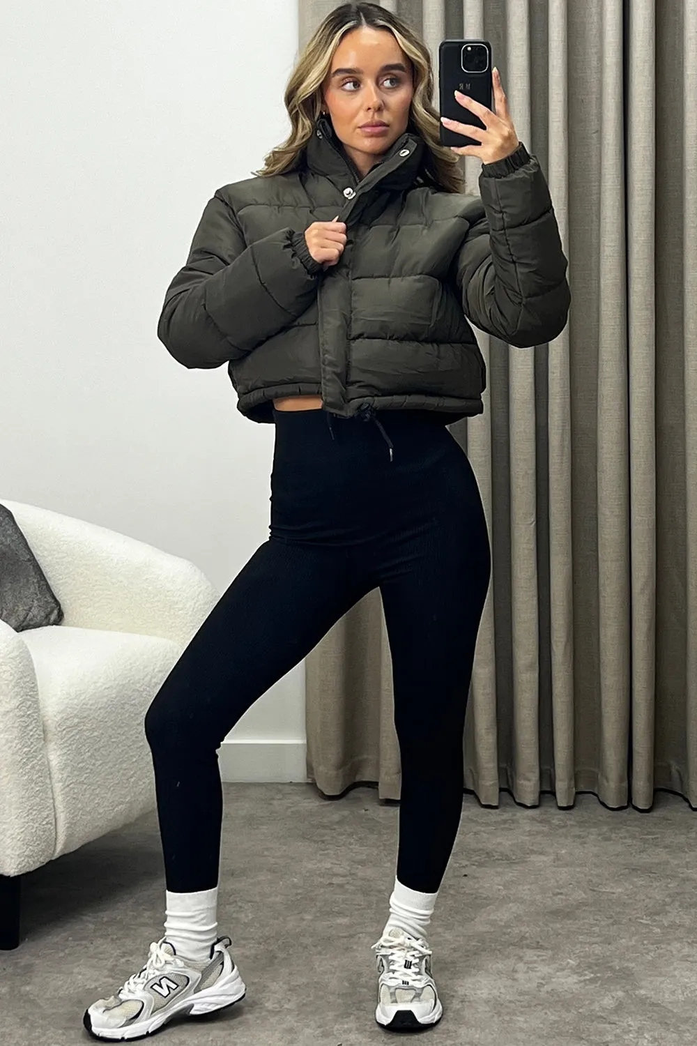Reanne Khaki Zip Up Cropped Puffer Jacket