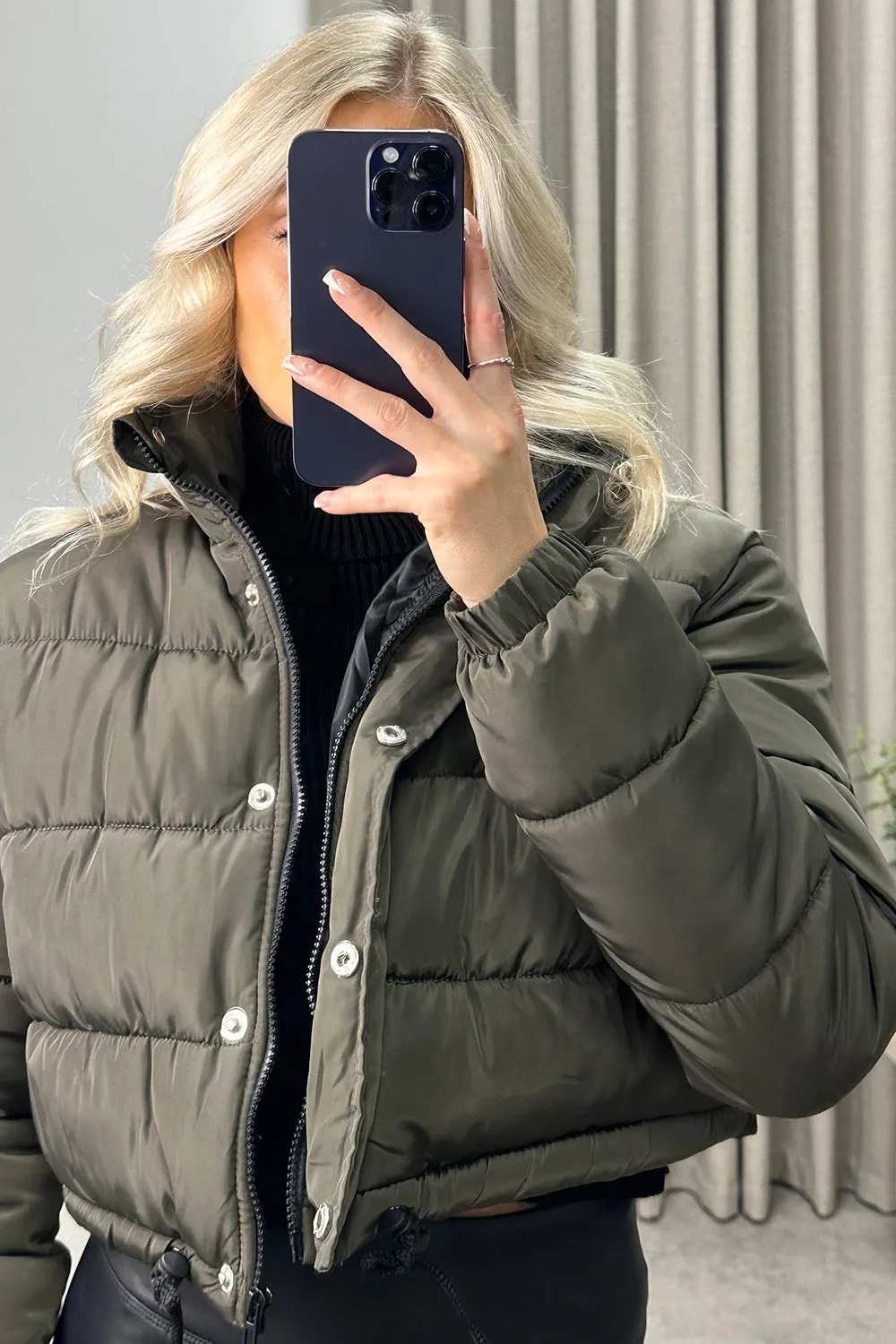 Reanne Khaki Zip Up Cropped Puffer Jacket