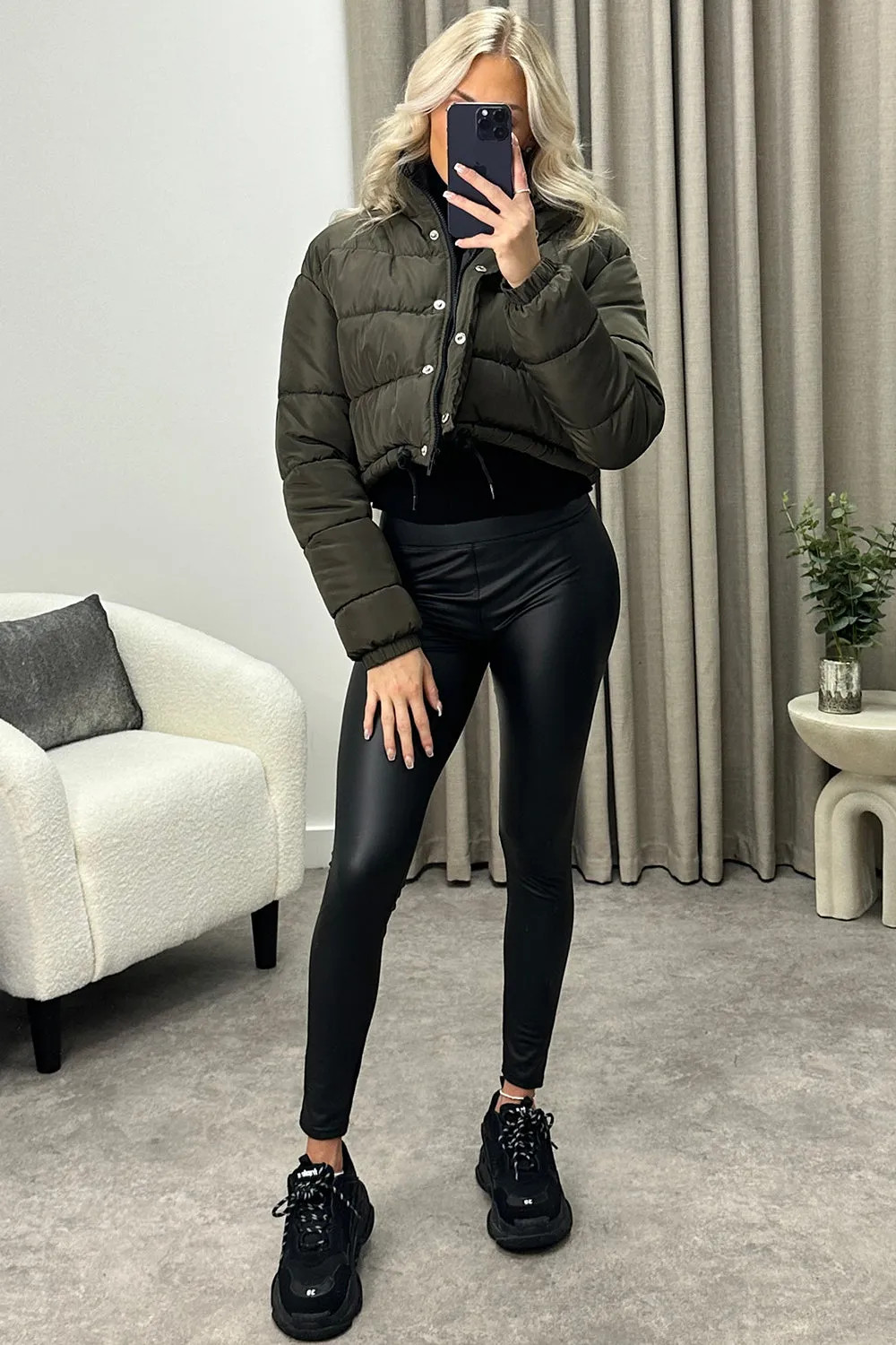 Reanne Khaki Zip Up Cropped Puffer Jacket