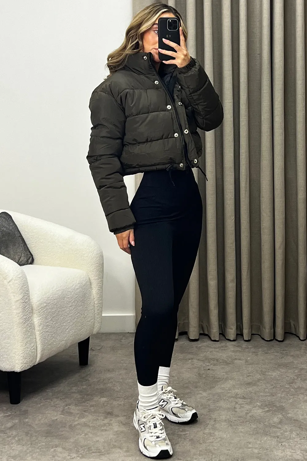 Reanne Khaki Zip Up Cropped Puffer Jacket