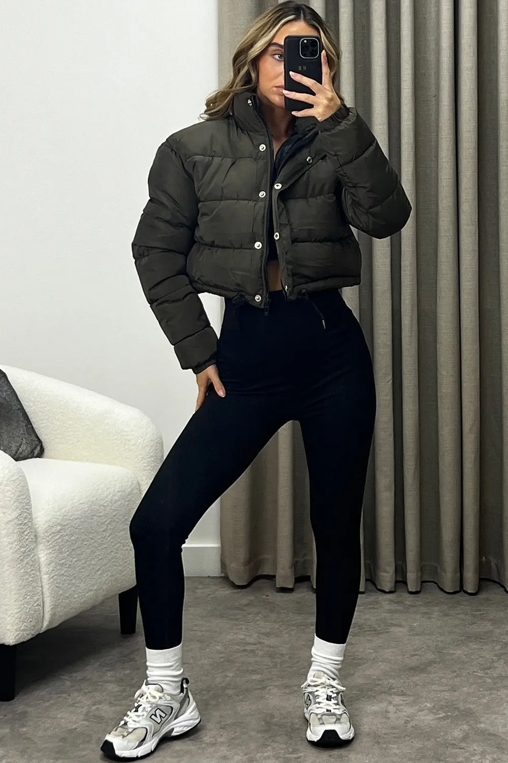 Reanne Khaki Zip Up Cropped Puffer Jacket