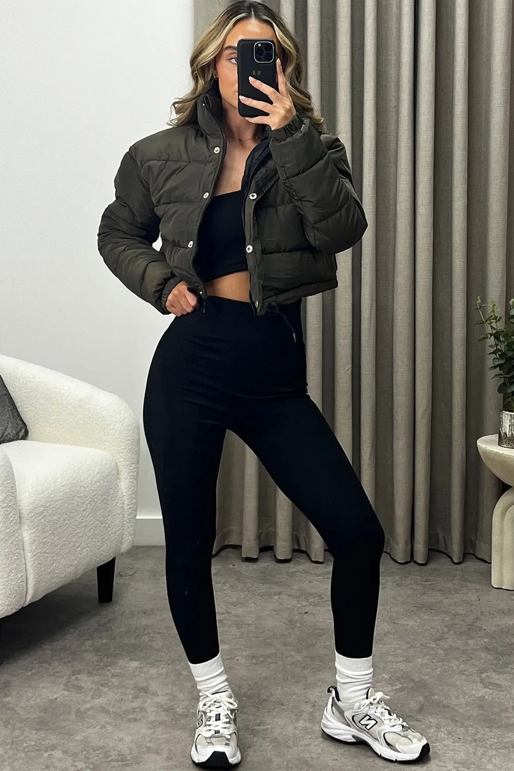 Reanne Khaki Zip Up Cropped Puffer Jacket