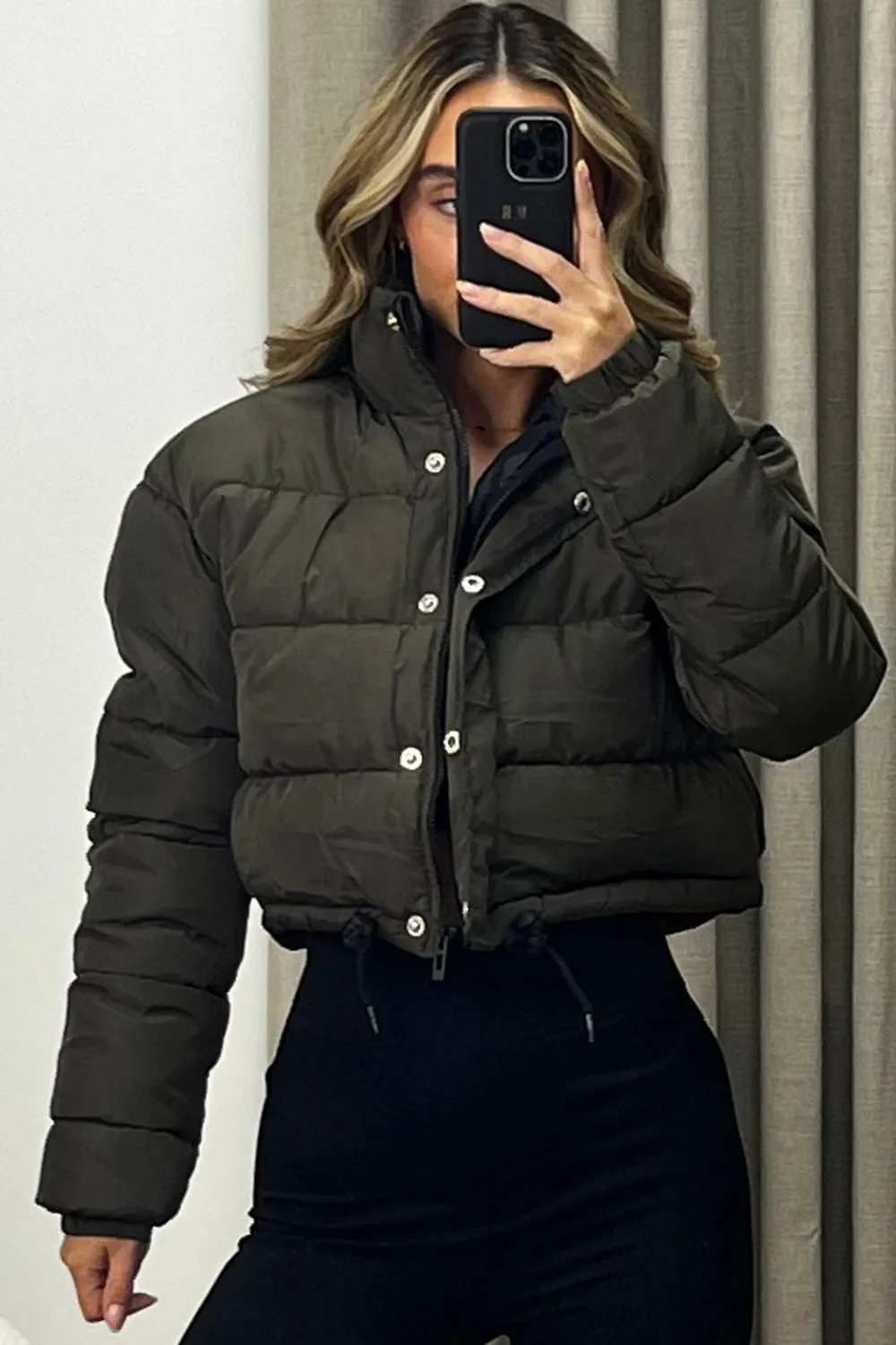 Reanne Khaki Zip Up Cropped Puffer Jacket