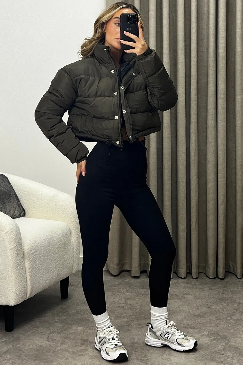 Reanne Khaki Zip Up Cropped Puffer Jacket