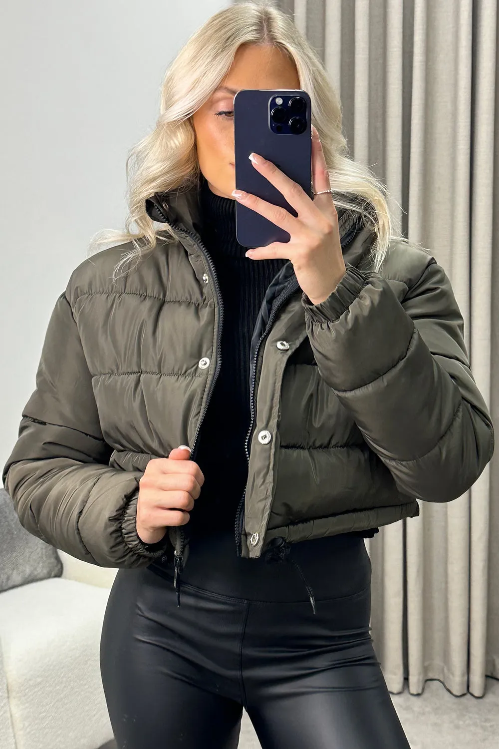 Reanne Khaki Zip Up Cropped Puffer Jacket