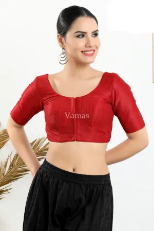 Red Mulberry Silk Padded Front Open Elbow Sleeves Blouse