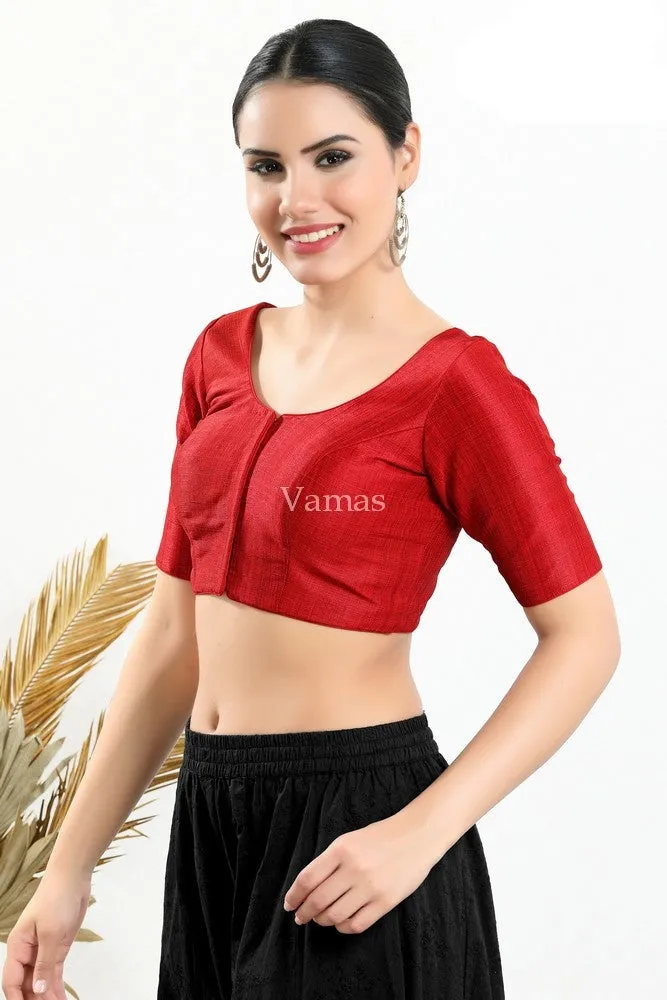 Red Mulberry Silk Padded Front Open Elbow Sleeves Blouse