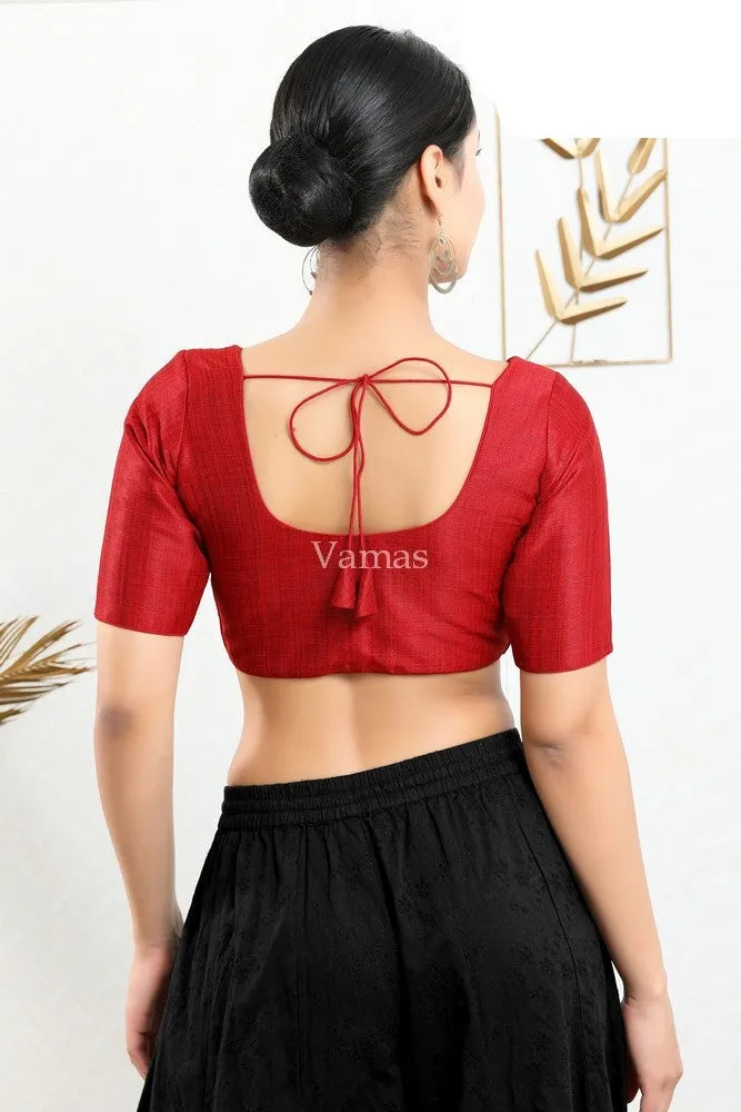 Red Mulberry Silk Padded Front Open Elbow Sleeves Blouse
