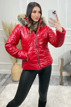 Red Wet Look Faux Fur Puffer Coat
