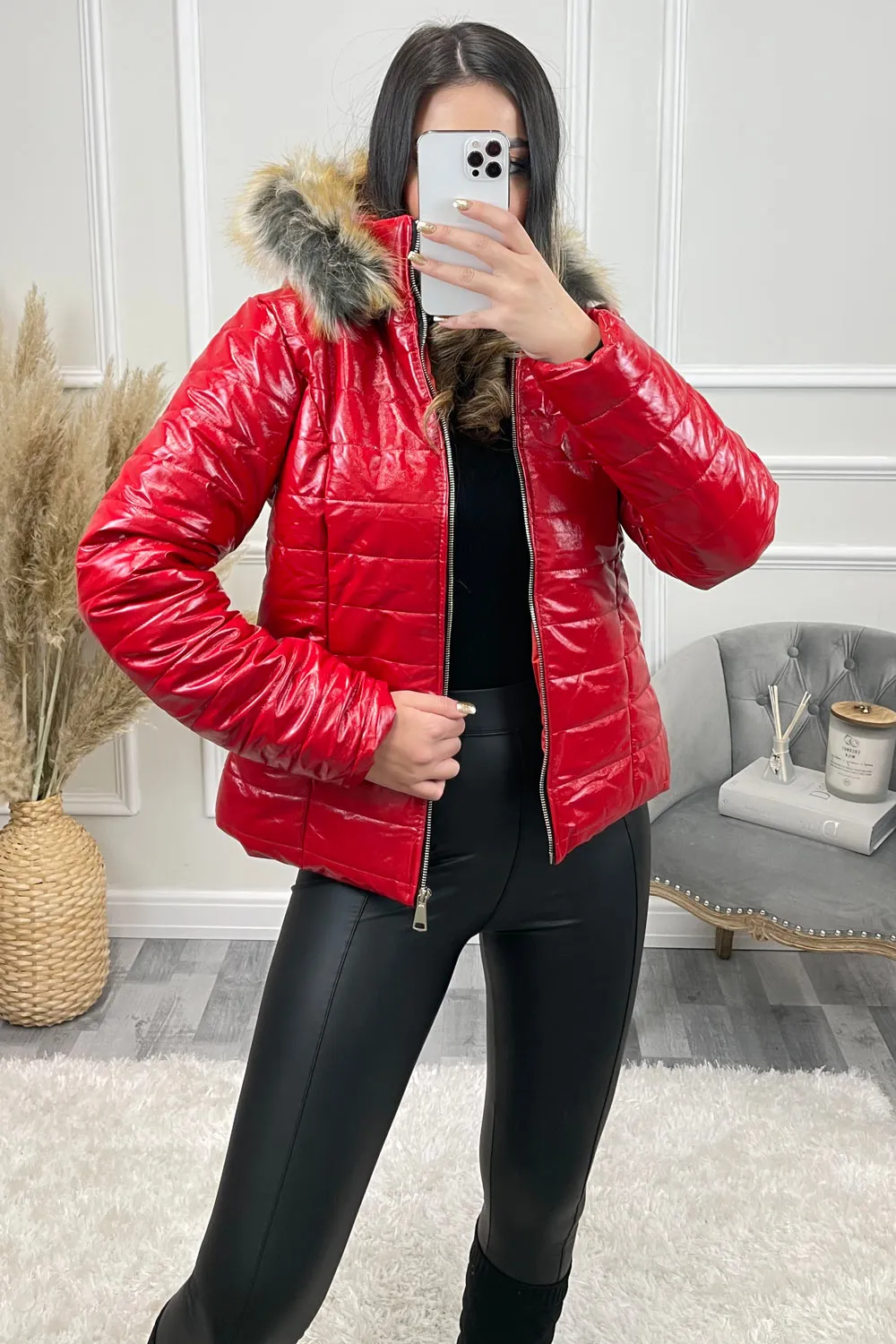 Red Wet Look Faux Fur Puffer Coat