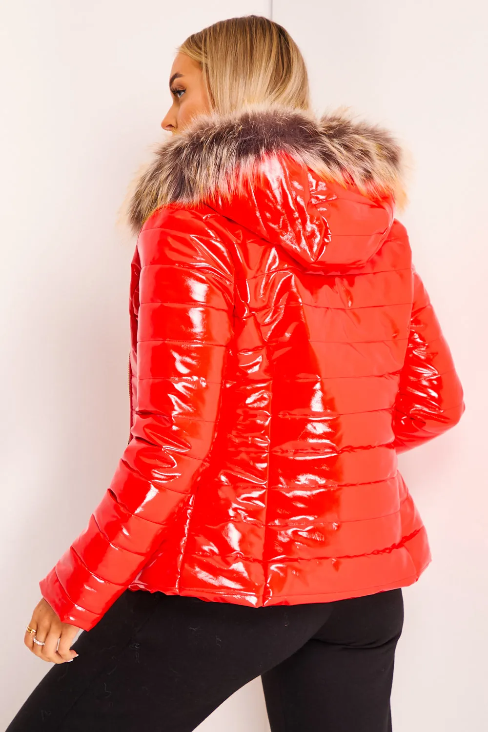 Red Wet Look Faux Fur Puffer Coat