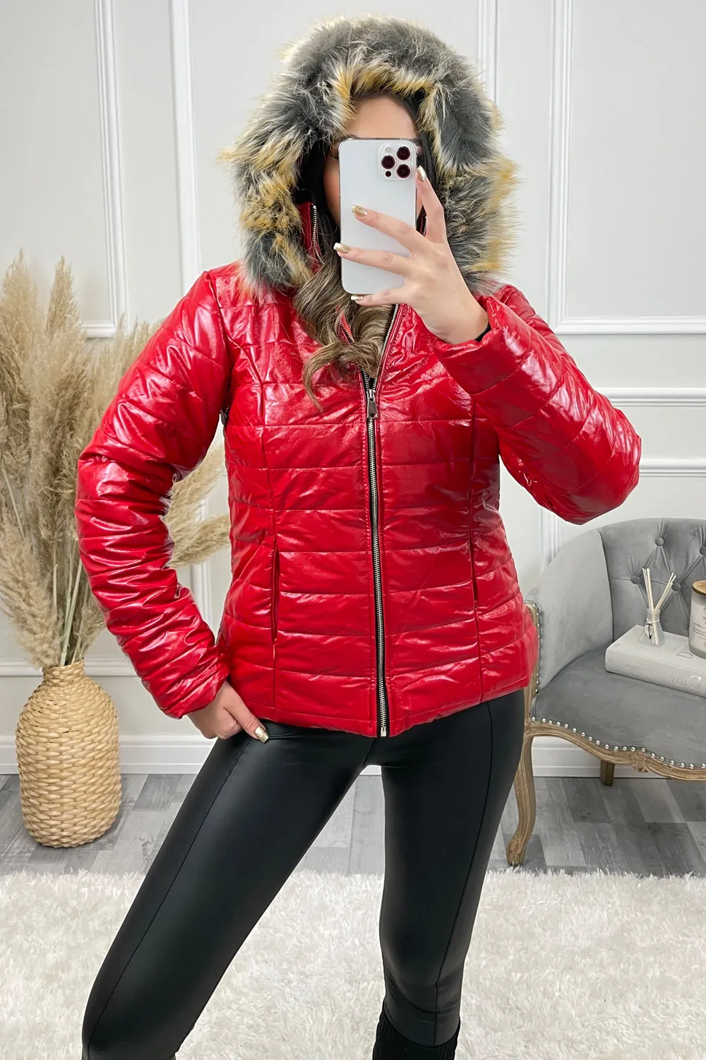 Red Wet Look Faux Fur Puffer Coat