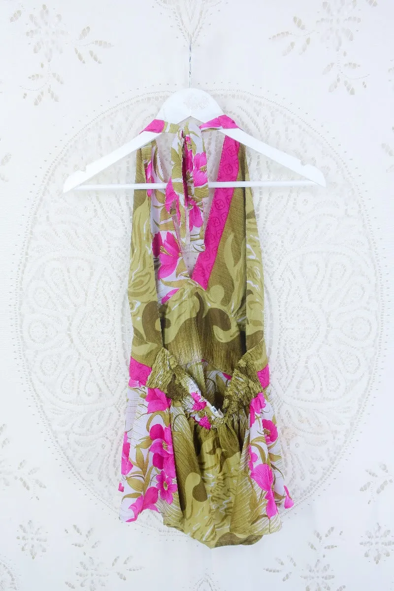 Sydney Halter Top -  Olive & Pink Garden- Vintage Sari- S/M