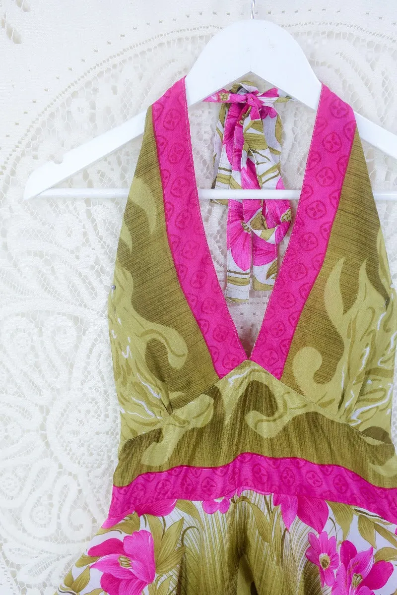 Sydney Halter Top -  Olive & Pink Garden- Vintage Sari- S/M