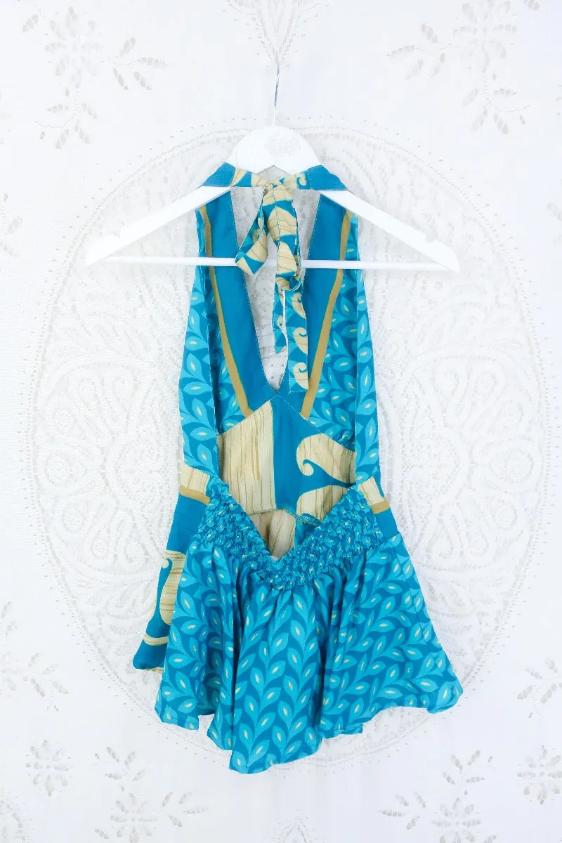Sydney Halter Top - Teal & Turquois Paisley - Vintage Sari - S/M